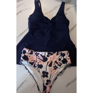 Beach Sissi Twist Front Blue Floral Tankini Swimsuit-2 Piece Set Size Small